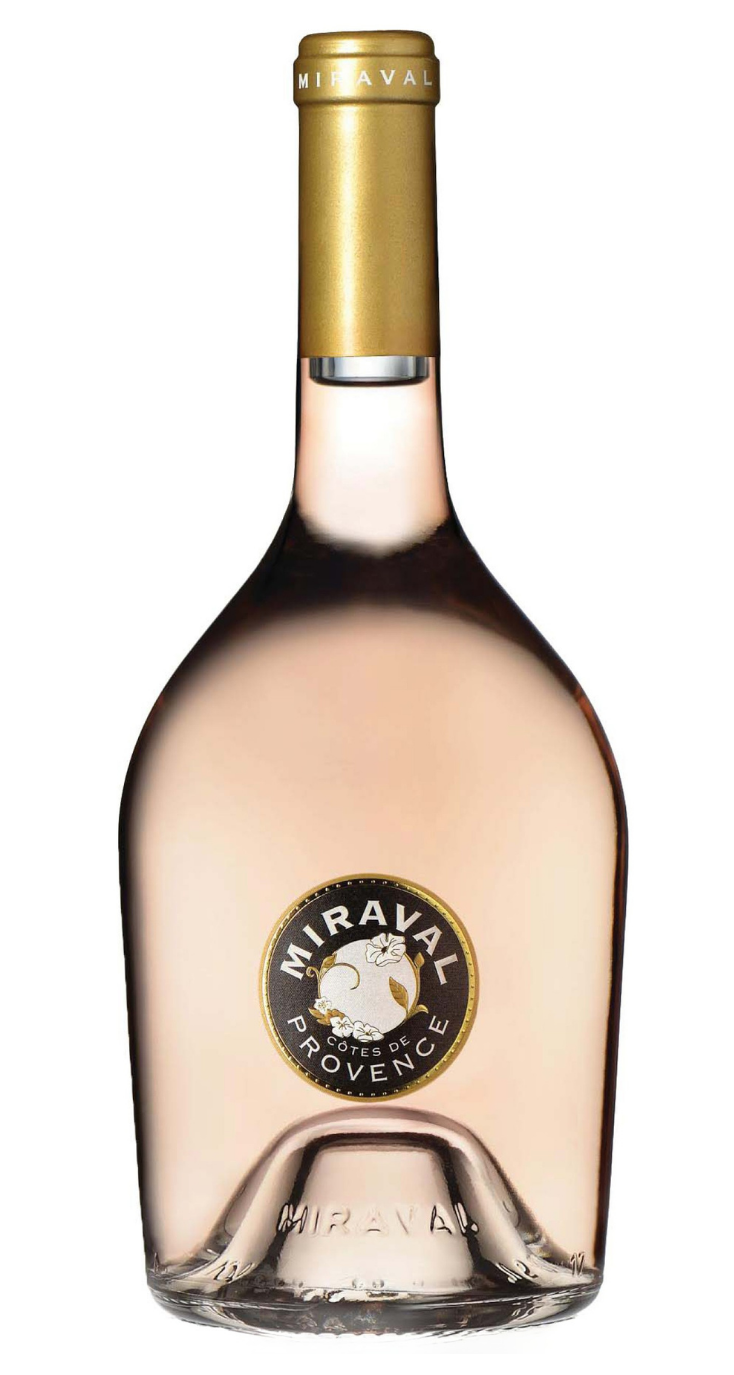 Bottle of Miraval rose wine on a white background