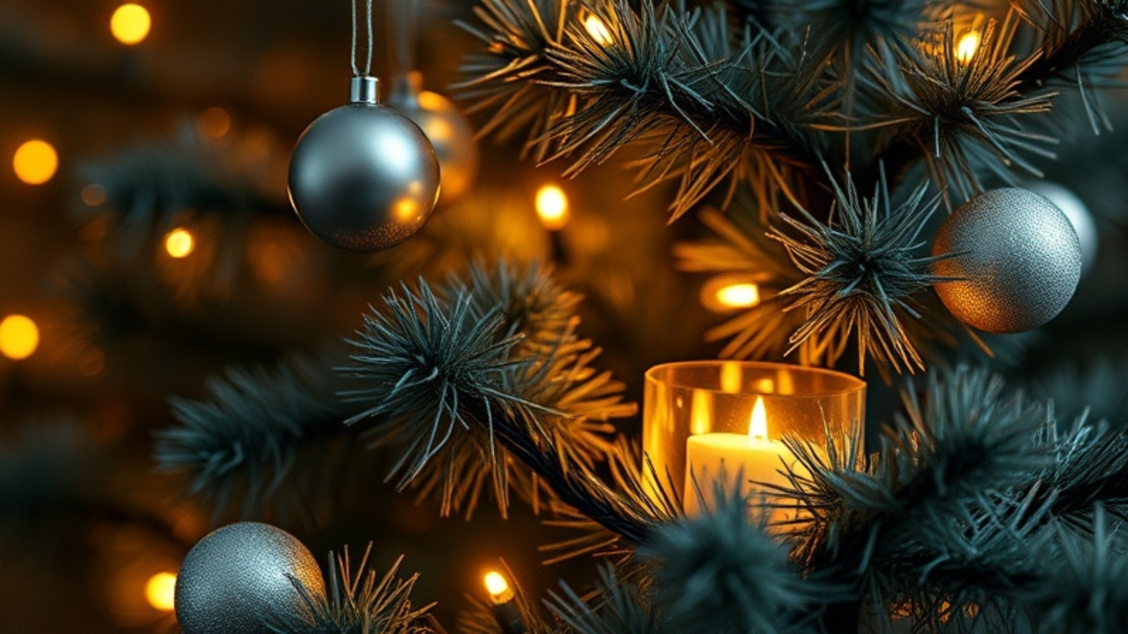 Close up of a Christmas tree with warm fairy lights and silver baubles.